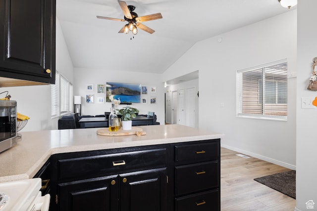 429 S Storrs Ave, American Fork, UT 84003 - kitchen featuring dark cabinets, a peninsula, light wood-style flooring, lofted ceiling, and light countertops