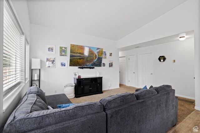 429 S Storrs Ave, American Fork, UT 84003 - living area with baseboards, wood finished floors, and high vaulted ceiling