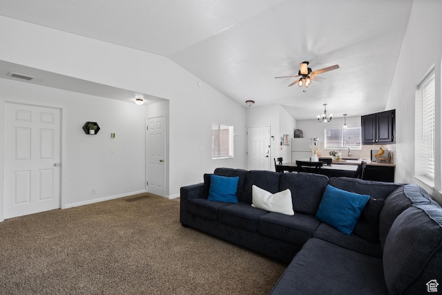 429 S Storrs Ave, American Fork, UT 84003 - living area with lofted ceiling, a ceiling fan, carpet flooring, a chandelier, and baseboards