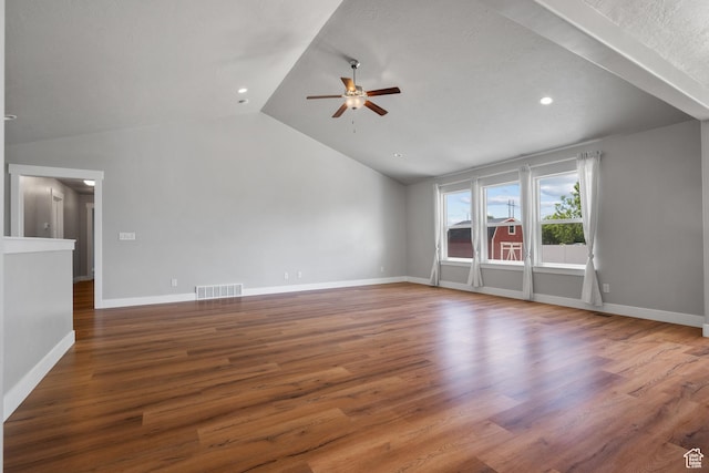 1047 N 700 W, Mapleton, UT 84664 - unfurnished living room featuring ceiling fan, lofted ceiling, wood finished floors, baseboards, and recessed lighting
