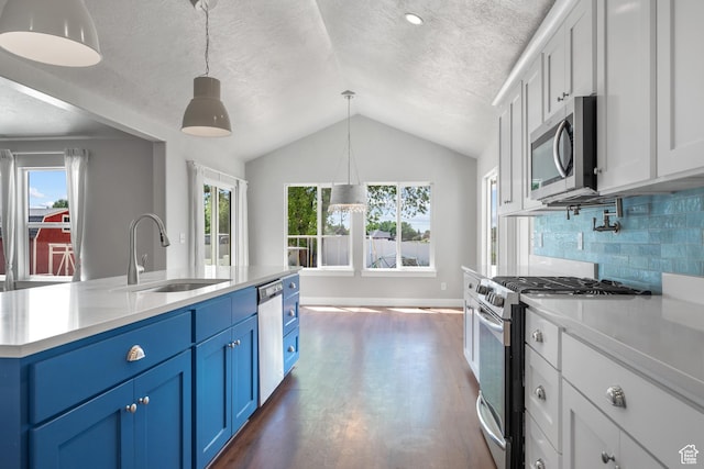 1047 N 700 W, Mapleton, UT 84664 - kitchen with stainless steel appliances, a sink, blue cabinetry, lofted ceiling, and light countertops