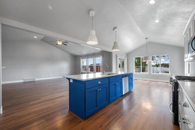 1047 N 700 W, Mapleton, UT 84664 - kitchen featuring blue cabinets, vaulted ceiling, stainless steel appliances, a sink, and open floor plan