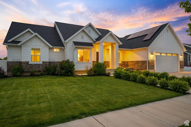 1047 N 700 W, Mapleton, UT 84664 - modern inspired farmhouse with board and batten siding, stone siding, solar panels, and a lawn