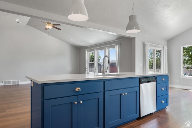 1047 N 700 W, Mapleton, UT 84664 - kitchen with dishwasher, lofted ceiling, a sink, dark wood finished floors, and open floor plan