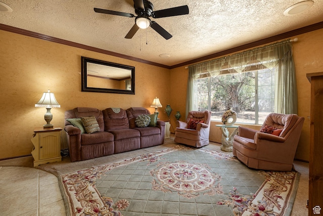 845 S 80 W, Hurricane, UT 84737 - living area featuring ceiling fan, a textured ceiling, crown molding, and tile patterned flooring