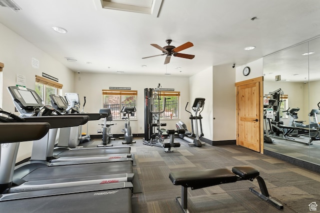 5430 N Cross Country Way, Park City, UT 84098 - exercise room with healthy amount of natural light, ceiling fan, carpet floors, baseboards, and recessed lighting