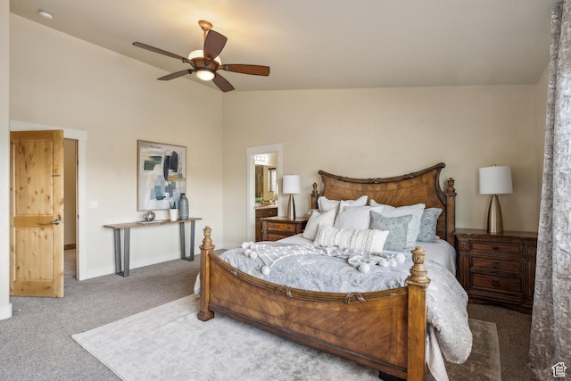 5430 N Cross Country Way, Park City, UT 84098 - carpeted bedroom featuring lofted ceiling, baseboards, ensuite bath, and ceiling fan