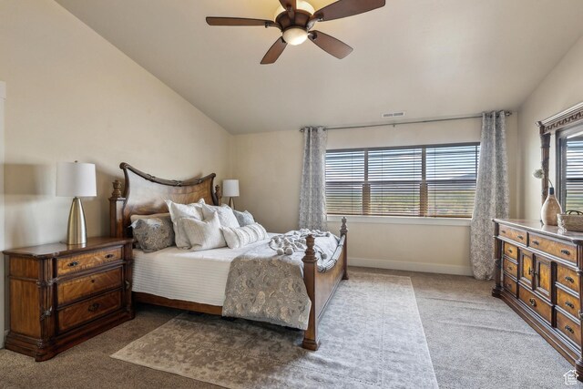 5430 N Cross Country Way, Park City, UT 84098 - bedroom featuring light colored carpet, vaulted ceiling, baseboards, and ceiling fan