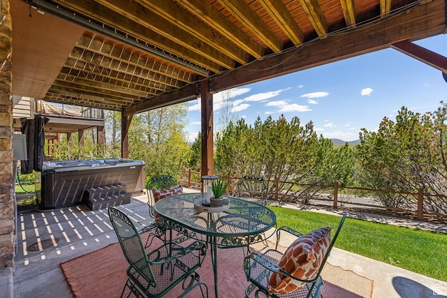 5430 N Cross Country Way, Park City, UT 84098 - fenced backyard with a hot tub, outdoor dining area, and a patio area