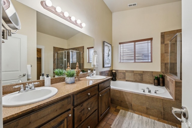 5430 N Cross Country Way, Park City, UT 84098 - bathroom with a stall shower, double vanity, plenty of natural light, and tile patterned flooring