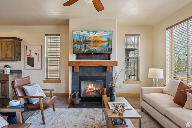 5430 N Cross Country Way, Park City, UT 84098 - living area featuring baseboards, a fireplace, and ceiling fan