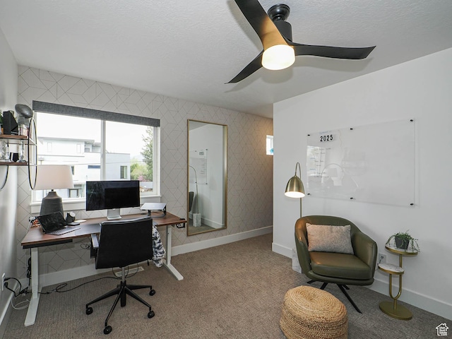 4535 S Bleecker Pl, Millcreek, UT 84117 - carpeted home office with a ceiling fan, a textured ceiling, and baseboards