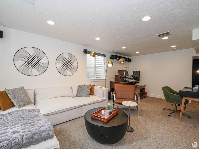 4535 S Bleecker Pl, Millcreek, UT 84117 - living area featuring carpet floors, recessed lighting, a textured ceiling, an office area, and baseboards