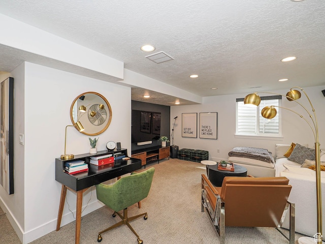 4535 S Bleecker Pl, Millcreek, UT 84117 - living room with light colored carpet, a textured ceiling, recessed lighting, and baseboards
