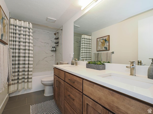 4535 S Bleecker Pl, Millcreek, UT 84117 - full bath featuring double vanity, shower / tub combo with curtain, toilet, and tile patterned floors