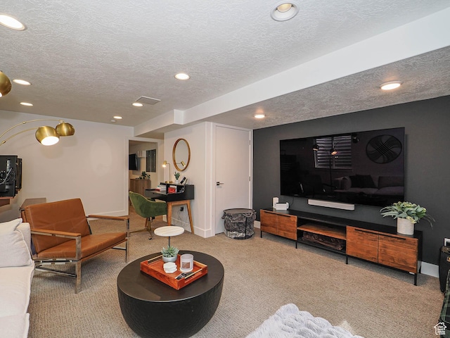4535 S Bleecker Pl, Millcreek, UT 84117 - living area with a textured ceiling, carpet, recessed lighting, and baseboards