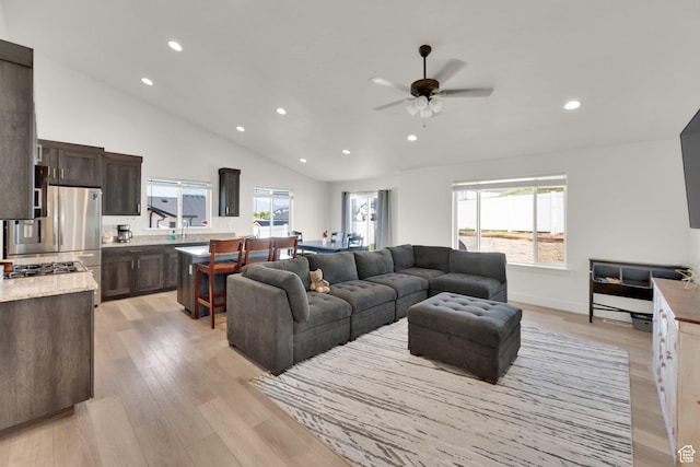 1279 S 50 E, Salem, UT 84653 - living room featuring recessed lighting, light wood-style flooring, a ceiling fan, high vaulted ceiling, and baseboards