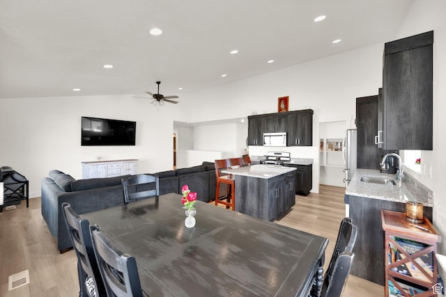 1279 S 50 E, Salem, UT 84653 - dining room with a ceiling fan, light wood-type flooring, vaulted ceiling, and recessed lighting
