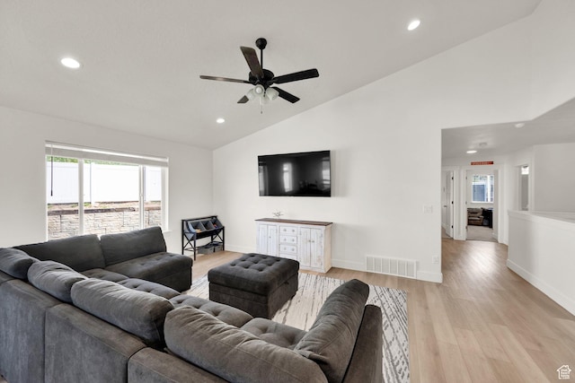 1279 S 50 E, Salem, UT 84653 - living area featuring ceiling fan, recessed lighting, light wood-type flooring, high vaulted ceiling, and baseboards