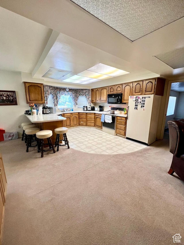 310 S 100 W, Monroe, UT 84754 - kitchen with black microwave, range with electric stovetop, freestanding refrigerator, brown cabinets, and light countertops