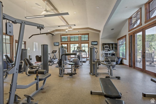 1804 E Longbranch Ct, Draper Ut Cnty, UT 84020 - workout area with plenty of natural light, ceiling fan, french doors, and high vaulted ceiling