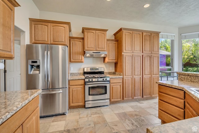 1804 E Longbranch Ct, Draper Ut Cnty, UT 84020 - kitchen featuring stainless steel appliances, under cabinet range hood, light stone counters, recessed lighting, and a textured ceiling