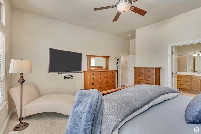 1804 E Longbranch Ct, Draper Ut Cnty, UT 84020 - bedroom featuring baseboards, ceiling fan, ensuite bathroom, and light carpet