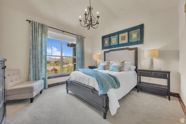 1009 W White Cloud Trl, Kamas, UT 84036 - bedroom with a chandelier, carpet floors, baseboards, and vaulted ceiling