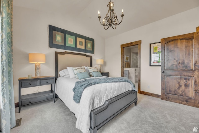 1009 W White Cloud Trl, Kamas, UT 84036 - bedroom featuring light colored carpet, a chandelier, vaulted ceiling, baseboards, and connected bathroom