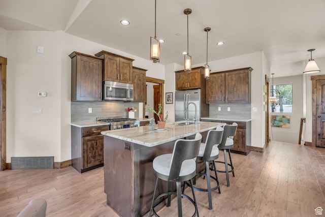 1009 W White Cloud Trl, Kamas, UT 84036 - kitchen featuring stainless steel appliances, decorative backsplash, an island with sink, a breakfast bar, and light wood-style flooring
