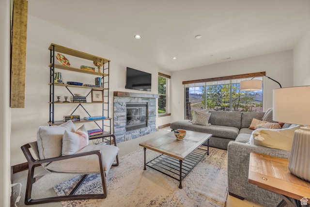 1009 W White Cloud Trl, Kamas, UT 84036 - living room with a stone fireplace, recessed lighting, and baseboards