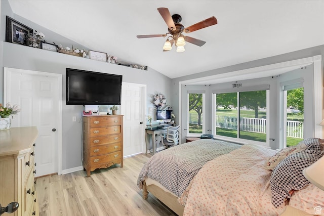 42 E Frontier Ct, Saratoga Springs, UT 84045 - bedroom featuring access to outside, light wood-style floors, vaulted ceiling, ceiling fan, and baseboards