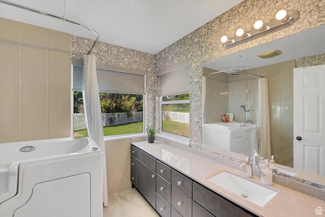 42 E Frontier Ct, Saratoga Springs, UT 84045 - bathroom featuring curtained shower, a tub, and vanity