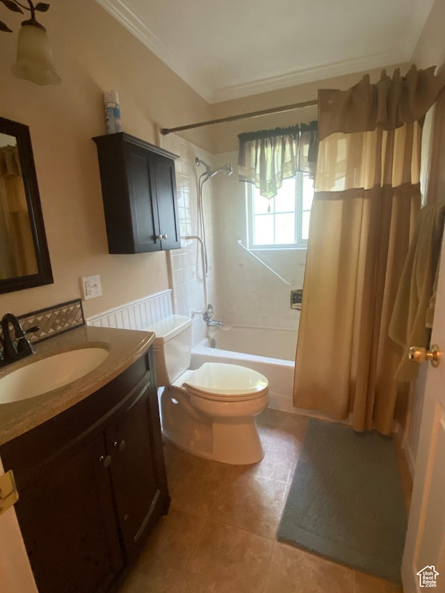 225 S 200 E, Price, UT 84501 - bathroom featuring shower / bath combo with shower curtain, ornamental molding, vanity, toilet, and tile patterned flooring