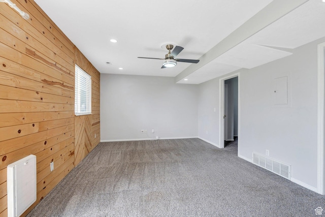 2033 W 410 S, Provo, UT 84601 - unfurnished room featuring wood walls, carpet floors, ceiling fan, recessed lighting, and baseboards