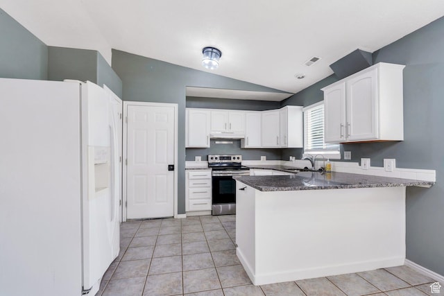 2033 W 410 S, Provo, UT 84601 - kitchen featuring white refrigerator with ice dispenser, stainless steel electric range oven, a peninsula, under cabinet range hood, and lofted ceiling