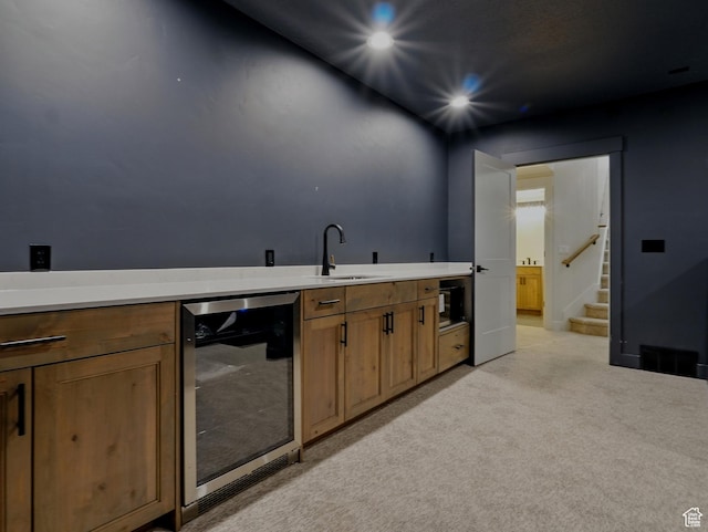 2023 S 150 W, Perry, UT 84302 - bar area with wine cooler, a sink, light colored carpet, recessed lighting, and stairway