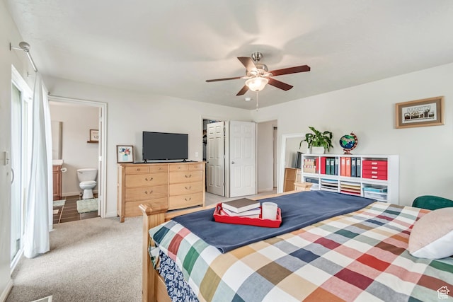 287 W 680 N, Centerville, UT 84014 - bedroom featuring light colored carpet, connected bathroom, a closet, and ceiling fan