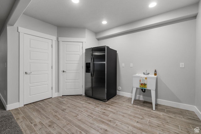 3498 W Harvestwood Ln S, Riverton, UT 84065 - kitchen featuring fridge with ice dispenser, light wood finished floors, baseboards, and recessed lighting