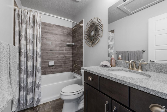 3498 W Harvestwood Ln S, Riverton, UT 84065 - full bathroom featuring vanity, shower / bathtub combination with curtain, toilet, and a textured ceiling