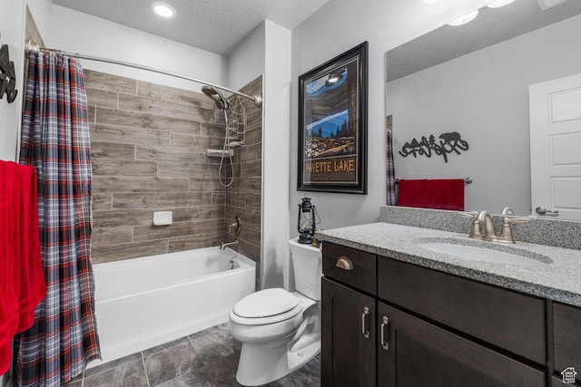 3498 W Harvestwood Ln S, Riverton, UT 84065 - bathroom featuring toilet, vanity, shower / bath combo with shower curtain, and a textured ceiling