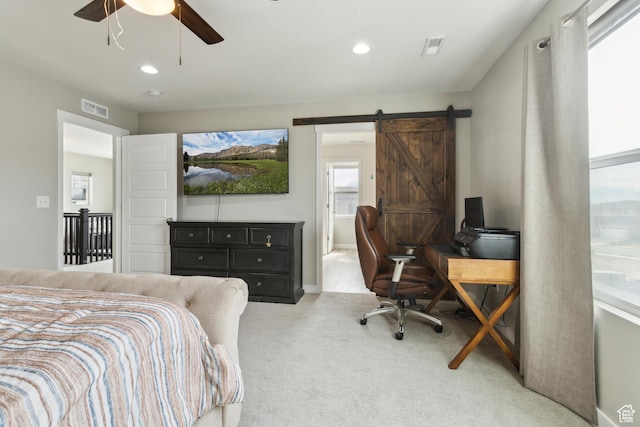 4254 E Center Point St, Eagle Mountain, UT 84005 - bedroom featuring carpet floors, recessed lighting, a ceiling fan, and a barn door