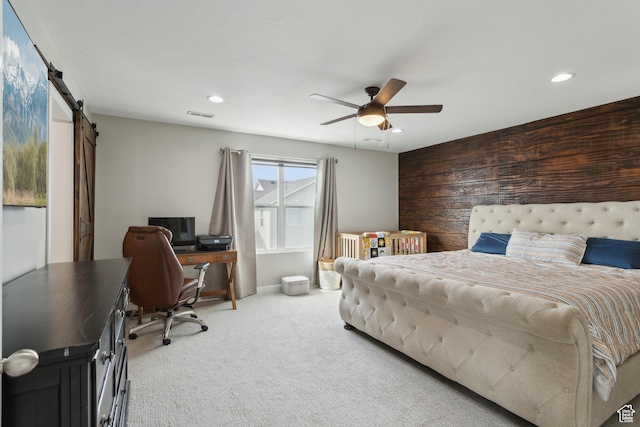 4254 E Center Point St, Eagle Mountain, UT 84005 - carpeted bedroom featuring an office area, recessed lighting, a barn door, and a ceiling fan