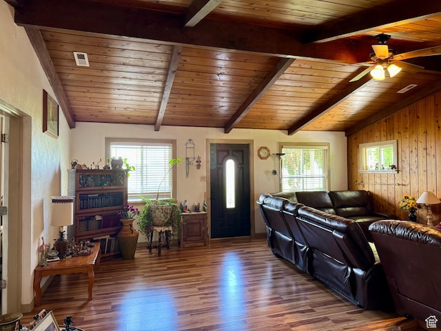 30 E 300 S, Fillmore, UT 84631 - living room featuring wooden ceiling, wood finished floors, a ceiling fan, and wooden walls