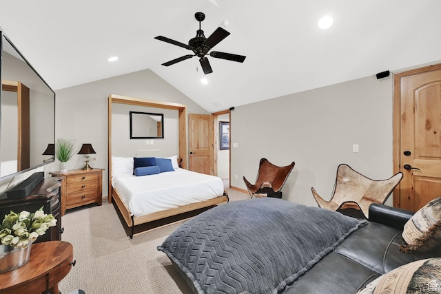 5063 E Lakeview Dr Unit 1001, Eden, UT 84310 - bedroom featuring vaulted ceiling, light colored carpet, recessed lighting, and a ceiling fan