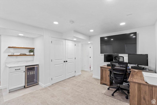 742 E Stonebriar Dr, Eagle Mountain, UT 84005 - office featuring wine cooler, a bar, recessed lighting, light colored carpet, and baseboards