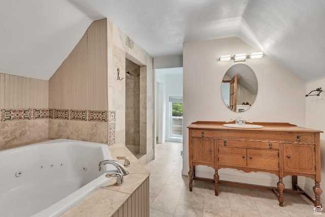 233 N Main St, Alpine, UT 84004 - full bathroom featuring lofted ceiling, a jetted tub, vanity, tile patterned floors, and a tile shower