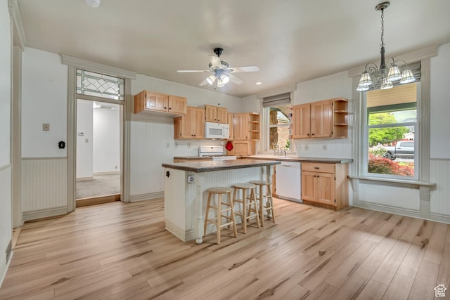 233 N Main St, Alpine, UT 84004 - kitchen featuring white appliances, open shelves, light wood finished floors, ceiling fan, and light brown cabinets