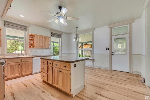 233 N Main St, Alpine, UT 84004 - kitchen featuring dishwasher, light brown cabinetry, a ceiling fan, light wood-style floors, and wainscoting