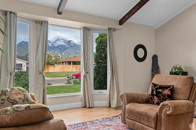 1616 E Waters Ln, Sandy, UT 84093 - living area with beam ceiling, plenty of natural light, wood finished floors, and a mountain view